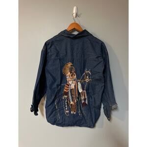 Vintage Beaded Denim Shirt Western Native American Horse Ride Embellished Medium